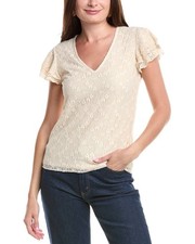 $79 Vince Camuto Garden Romance Teal Splash Lace Sleeve Ivory Tunic Top Womens L picture