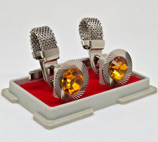 Vintage USSR Soviet Amber Topaz Glass Wrap Around Mesh Cufflinks Sunburst Case picture