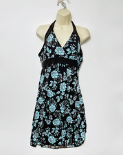 Vtg 90s Y2K Body Central Halter Babydoll Mini Dress Size L Blue Black Floral picture