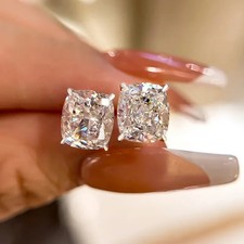 Luxury 6.00Ct Cushion Cut Lab Grown Diamond Stud Earrings Solid 14K White Gold picture
