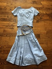 Vtg 50s Ladies Fit + Flare Box Pleated Skirt + Peplum Top Polka Dot Waist Set picture