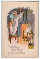 c1910's Christmas Boy And Girl Hanging Stockings Fireplace Antique Postcard picture