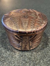 Vintage Chilean Copper Trinket Box, Hand Carved Geometric Folk Art Lidded Box picture
