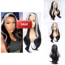 Xiweiya Skunk Stripe Wigs Long Body Wavy Black Lace Front Wigs Blonde Highlight picture