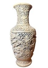 Vintage Chinese Cinnabar Style Vase Imperial Dragon Heavy Resin Brass Core 5 Lb picture
