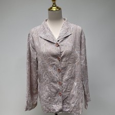 FLAX Linen Button Down Shirt M Brown Gingham Leaf Print Lagenlook Top picture