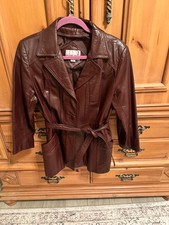 Vintage Oxblood Burgundy Leather Car Coat Women's Size 14 Belted 70s 80s Jacket picture