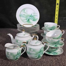 Vintage Green Hayasi Kutani Geisha Portrait Lithophane Mount Fuji Tea Set  picture