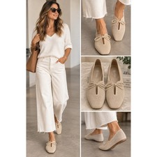 VIVAIA Women's Knit Lace Up Flats Size 41 Beige Cream Square Toe Shoes US 9.5 picture