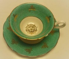 1970s WESTBROOK SET CUP&SAUCER GREEN W/GOLD FLOWERS PATTERN picture