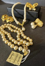 Vintage Napier Signed Imitation Pearl 6pc Set Gold Tone Necklace Earrings picture