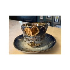 Antique German Cobalt Blue Miniature Remember Me Cup & Saucer, Gold Heart, 1900s picture