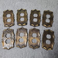 Set of 8 Vintage Outlet Covers Gold Leaf Pattern Scalloped Solid Brass Finish picture