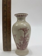 Vintage Hand Painted Vase Featuring A Toile De Jouy Design Pink and White  picture