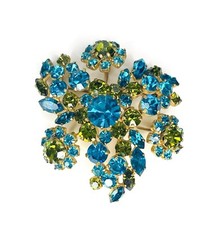 Gorgeous VTG Made In Austria Blue Olive Green Cluster Rhinestone Brooch 2.25” picture