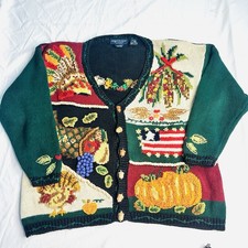 Vtg Eagle’s Eye Autumnal Cardigan Sweater Hand Knit Thanksgiving Harvest Sz 1X picture