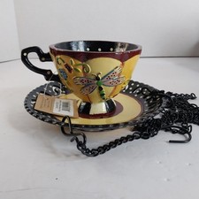 Karen Penner Hanging Teacup Bird Feeder Handpainted Dragonfly Yellow Black NEW picture