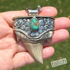 Large Prehistoric Shark Tooth Fossil Turquoise Tibet Silver Pendant Necklace picture
