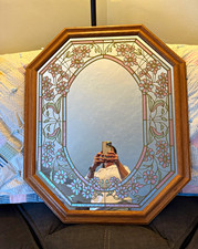 Vtg Octagon Wood Framed Floral Stained Glass Style Accent Wall Mirror 34 x 29 in picture
