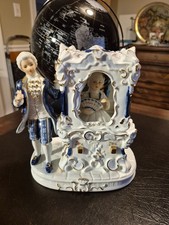 Rare Dresden Figurine Man holding flower courting woman in house with fan EXC picture