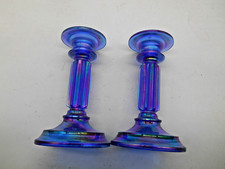 Pair of Stunning Blue Fenton Iridescent Candlesticks 6.25