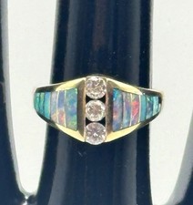 Authentic Vintage Kabana 14K Yellow Gold Ring,  Premium Opal Inlay,  Diamonds picture