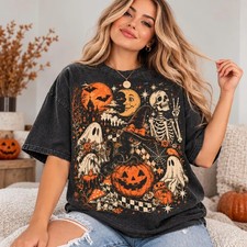 Retro Halloween Shirt, Vintage Black Cat Ghost Skeleton T Shirt picture