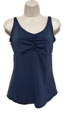 PrAna small yoga/ Pilates filament strappy tank top blue black stripe logo picture