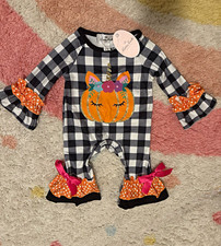 Marie Nicole Boutique Halloween ruffle Romper gingham pumpkin uni NEW NWT 0/3m picture