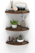 HORLIMER 3 Pack Floating Corner Shelf Wall Mount with Fence, Brown picture