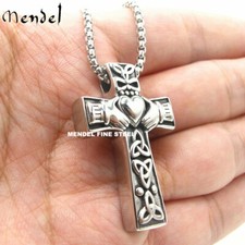 MENDEL Stainless Steel Irish Celtic Trinity Knot Claddagh Cross Pendant Necklace picture