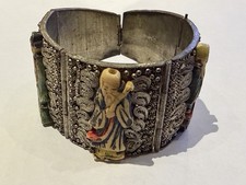 Rare Chinese Export Silver Filigree Panel Bracelet w/ Carved Painted Figurines picture