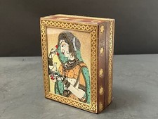 Old Antique Handmade Wooden & Brass Fitted Glass Gem Stone Painting Jewelry Box picture