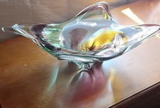Murano art original Glass Swirl Splash Bowl Abstract Shape Clr Green Amber White picture
