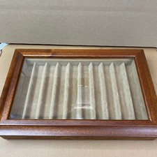 Agresti Italian Wood Pen Display Case Glass Top 10 Slot Suede Tray Burl Brown picture