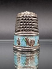 SKY BLUE Simons Brothers GUILLOCHE & Sterling Silver THIMBLE Antique VICTORIAN picture