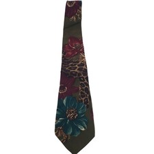 Bill Robinson Mens Floral Leopard Print Silk Necktie OS Olive Green Burgundy picture