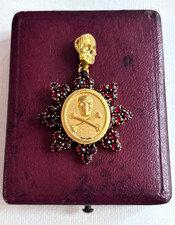 Antique Victorian Memento Mori Skull Garnets Solid Silver Gilded Pendant picture