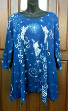 COLLECTIONS ETC. TUNIC BLUE SEQUIN SZ M 3/4 SLEEVE COTTON ANGELS SHARK BITE HEM picture