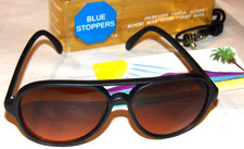 VINTAGE 1980s UNUSED BLUE STOPPERS/BLOCKERS SUNGLASSES~AVIATOR STYLE/BLACK NYLON picture