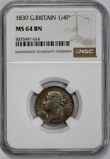 1839 Great Britain 1/4P Farthing NGC MS 64 BN picture