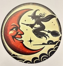 Vintage STYLE Halloween Anthropomorphic Moon And Witch Wood Wall Decor 7” picture