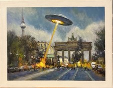 Original Sci Fi Painting UFO Flying Saucer Berlin Brandenburg Gate Canvasboard picture