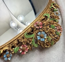 Vintage Matson 24K Gold Plated Floral Enamel Vanity Mirror Near Mint W Label picture