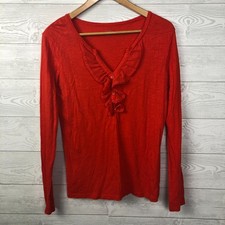 Ann Taylor LOFT Women's Small Long Sleeve Shirt Ruffle V Neck 100% Cotton Orange picture