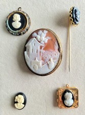 5 Vintage Cameo Lot Shell Scenic Brooch Locket Stick Pin Glass Plastic Estate picture