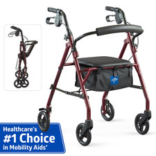 Medline Steel Rollator Walker with Seat, Burgundy, 350 lb. Weight Cap, 6” Wheels picture