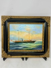 Framed Nautical Ship Seascape Painting Ornate Black Gold Frame Wall Art picture