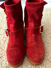Jimmy Choo Rust Suede Ankle Bootie W Gold Buckle accents & stacked heel picture