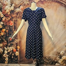 Vintage 1940s Navy Blue White Polka Dot Dress Short Sleeve Bow Neck Pinup picture
